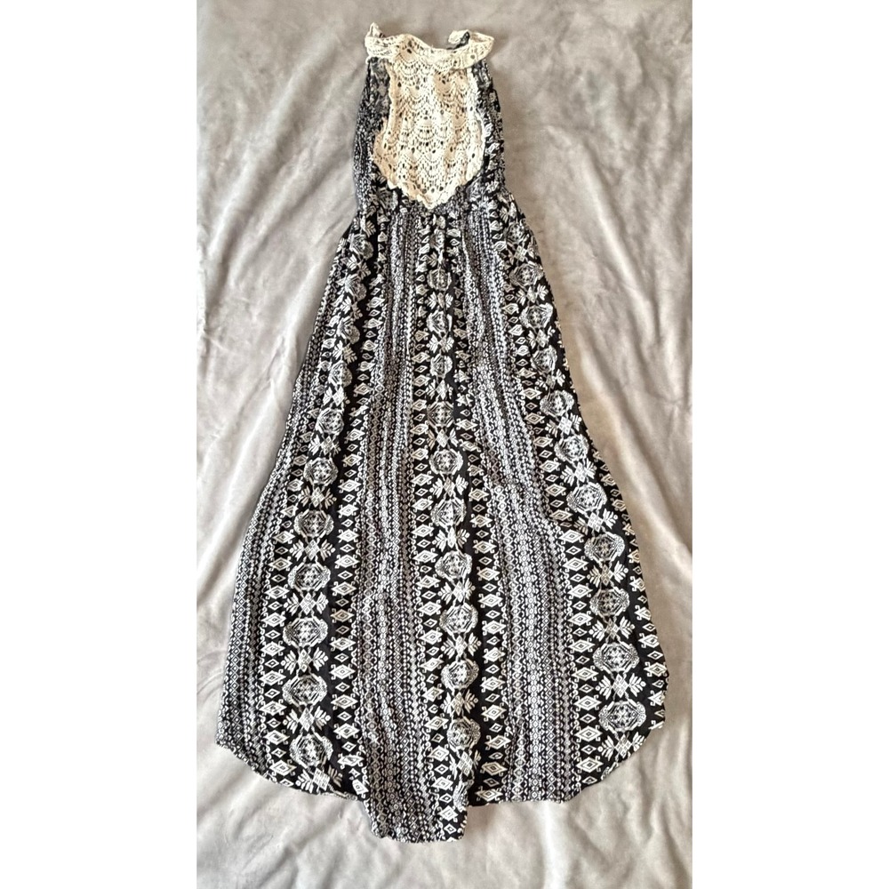 Love Tree Boho Tribal Print High Low Maxi Dress Black White Crochet Lace Medium - Picture 2 of 3